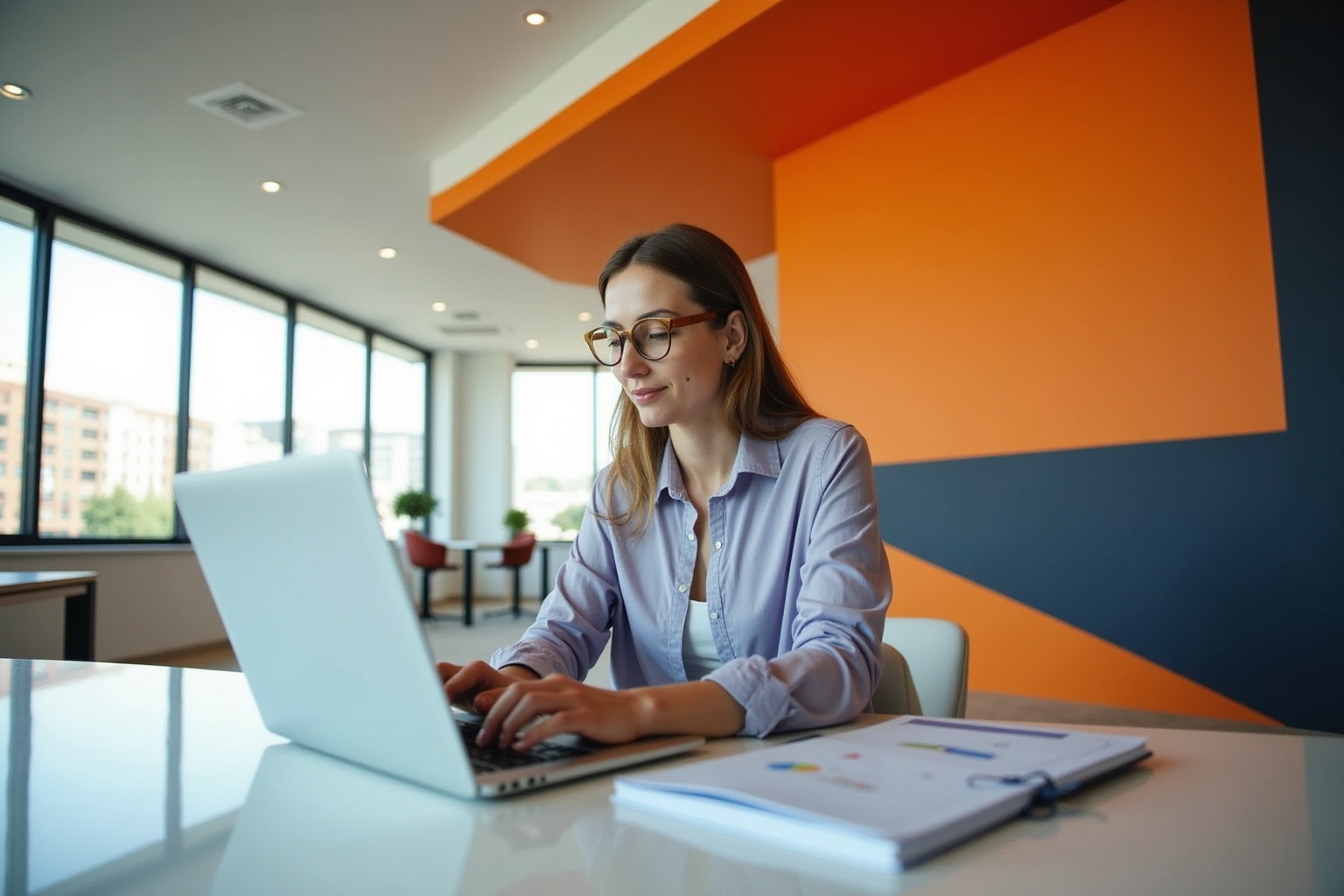 Young woman in glasses working on laptop in modern office.