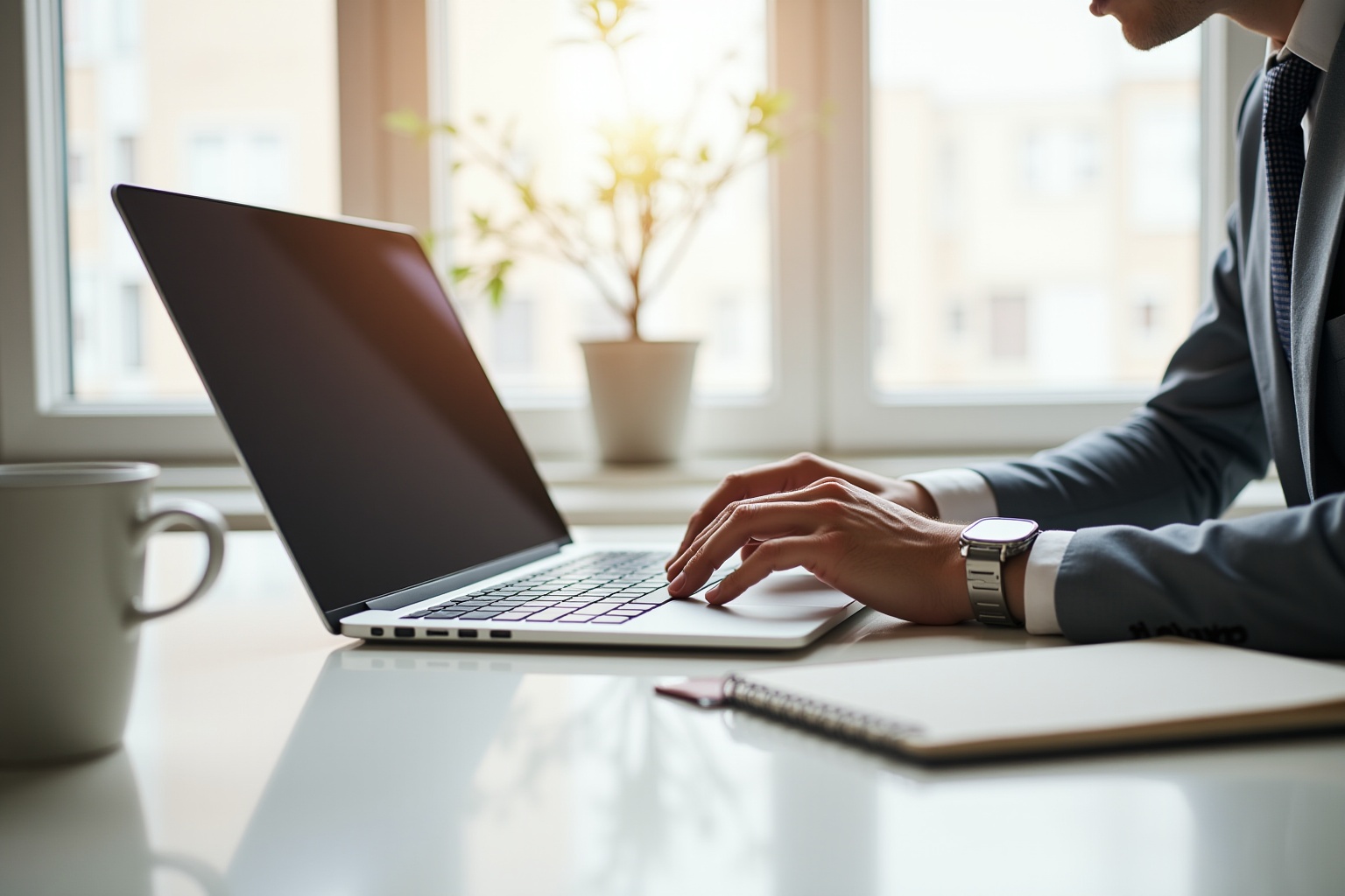 Businessman working on laptop by bright window, coffee mug nearby.