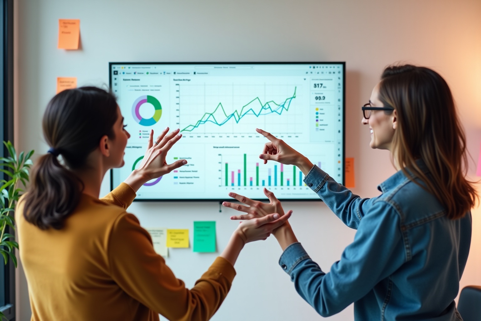 Two people analyzing data visualizations on a large screen.