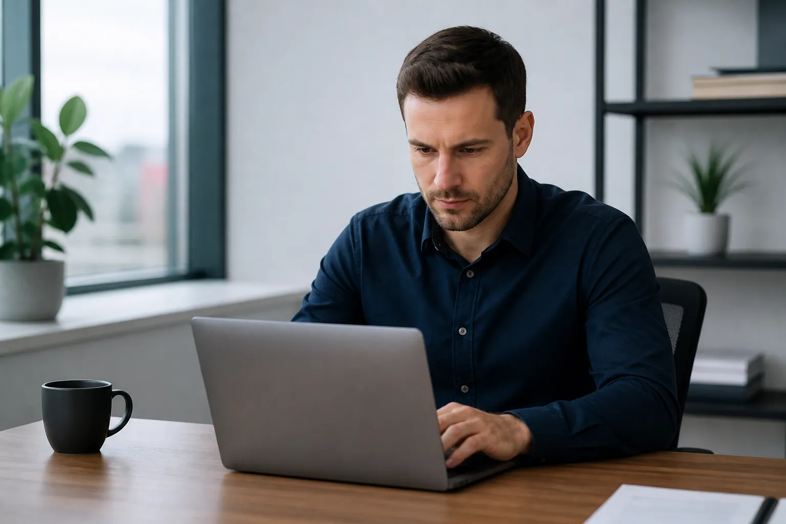 Focused man working intently on laptop in office setting.