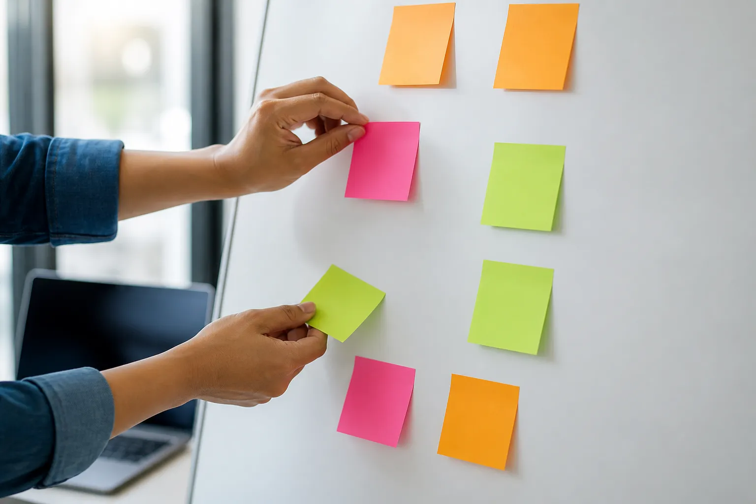 Colorful sticky notes arranged on a wall, hands organizing them.