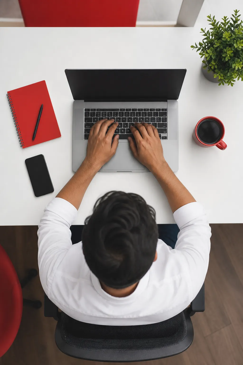 Person typing on a laptop, surrounded by office supplies.