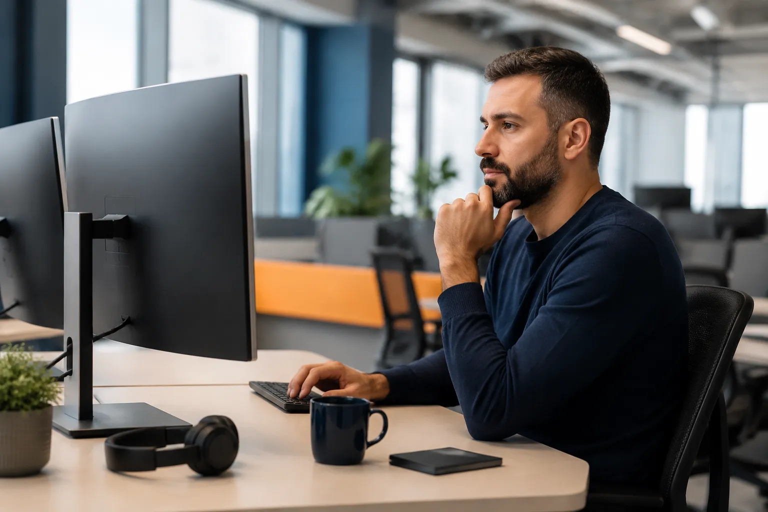 Bearded man working intently at computer in modern office.