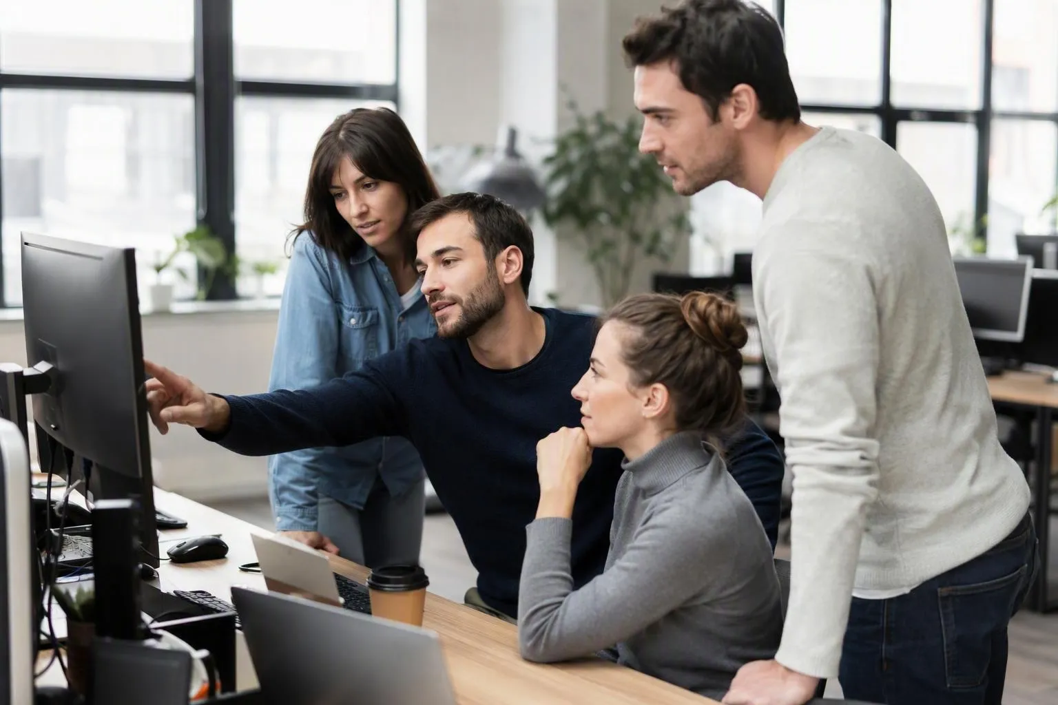 A group of people collaborating on a computer in an office.