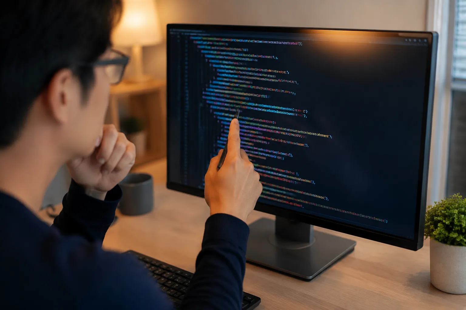 A person in glasses intently examining code on a computer screen.