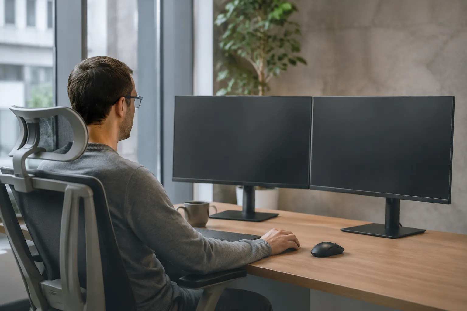 Person working at a computer desk with dual monitors.