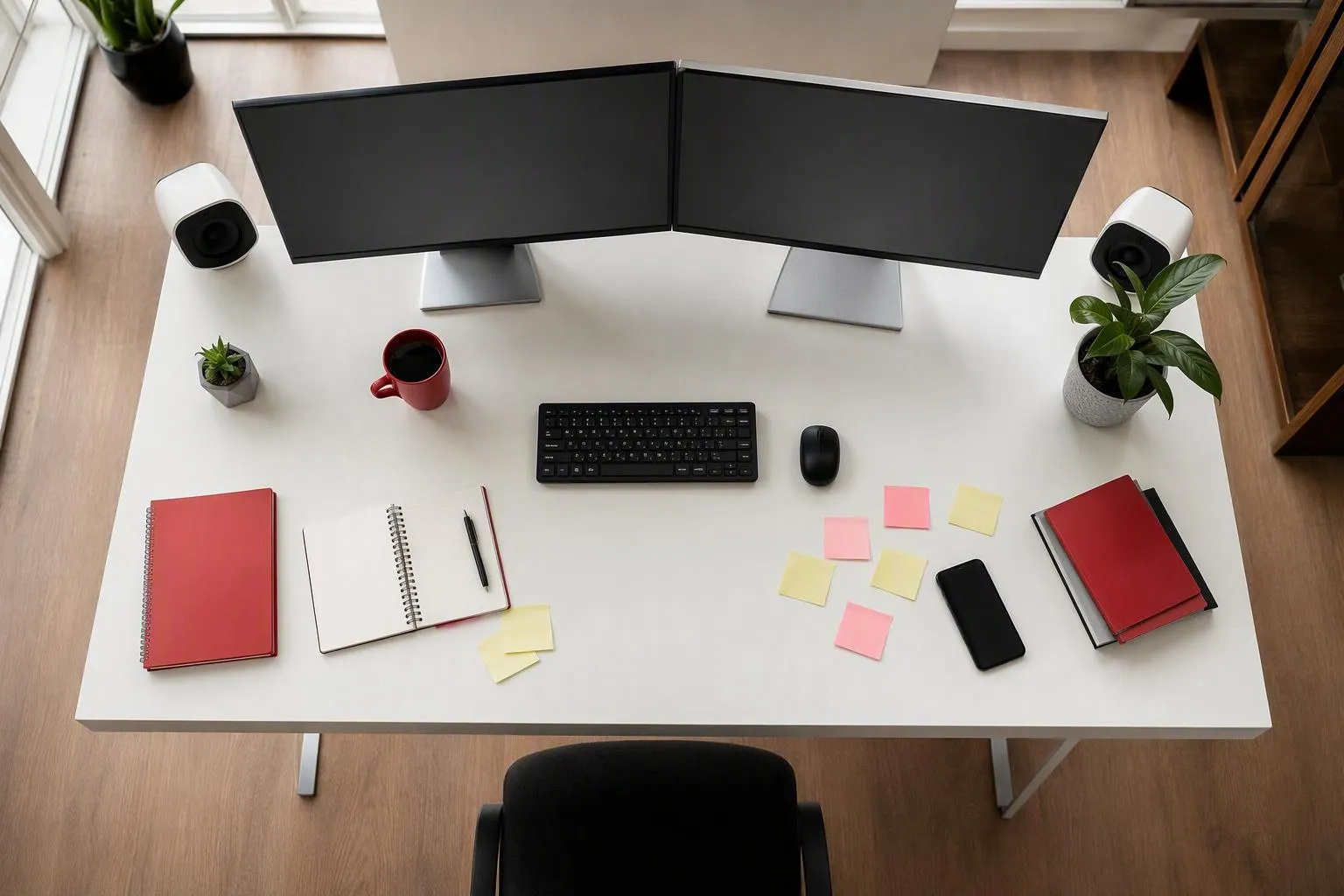 Organized desk with dual monitors, keyboard, mouse, and office supplies.