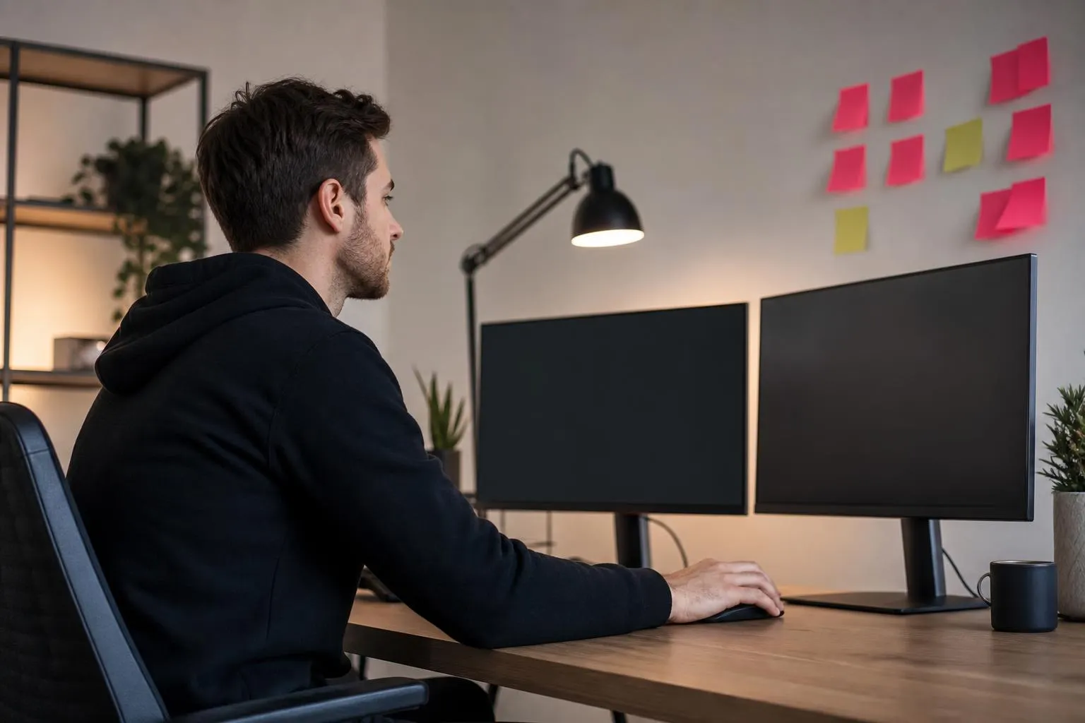A person in a black hoodie working at a desk with dual monitors.