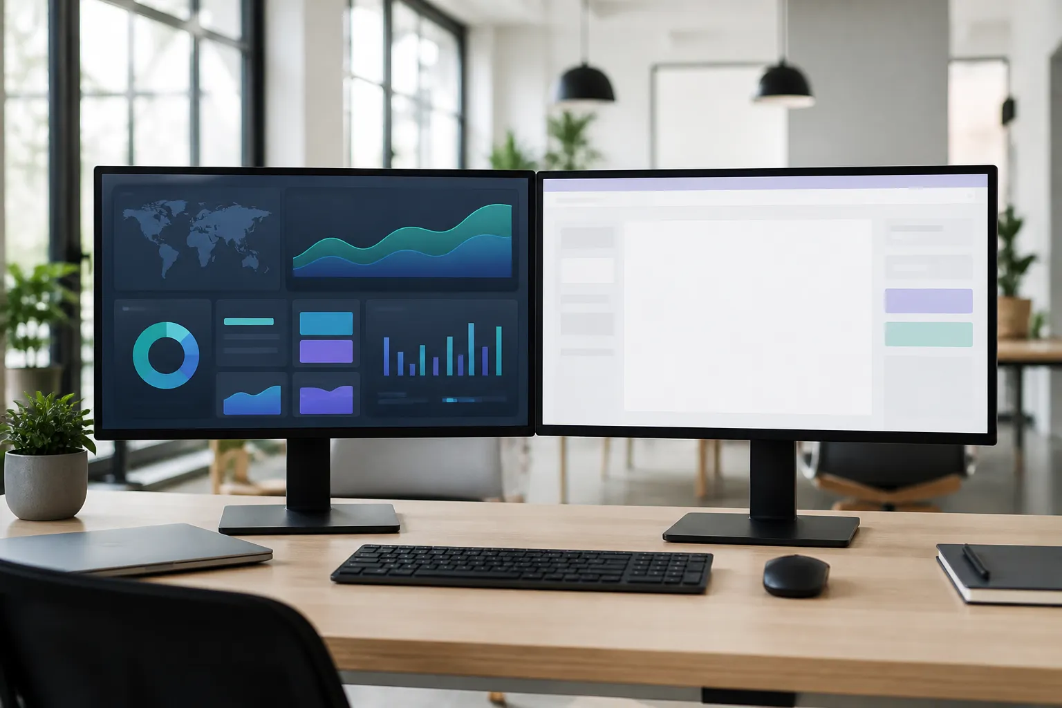 Dual computer monitors displaying data visualization dashboards and analytics.