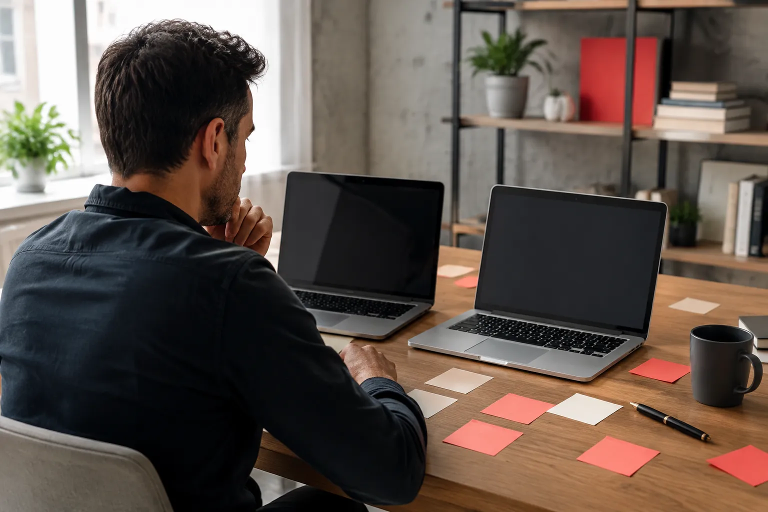 Man working at desk with laptops and office supplies.