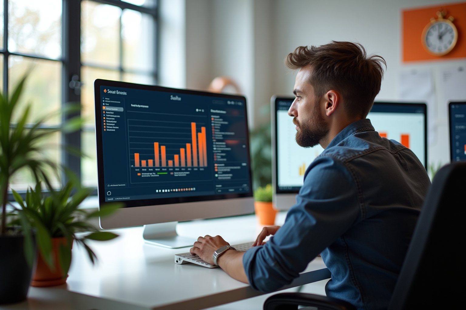 Bearded man analyzing data on computer screen in office.