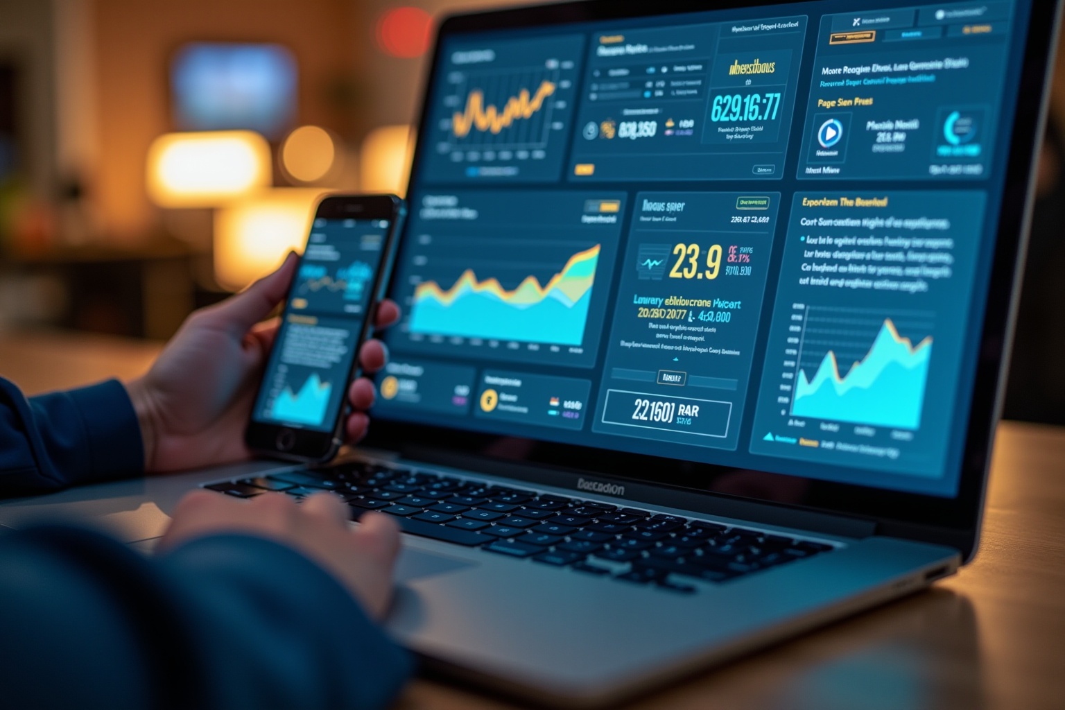 Laptop displaying financial data and analytics, person using smartphone.
