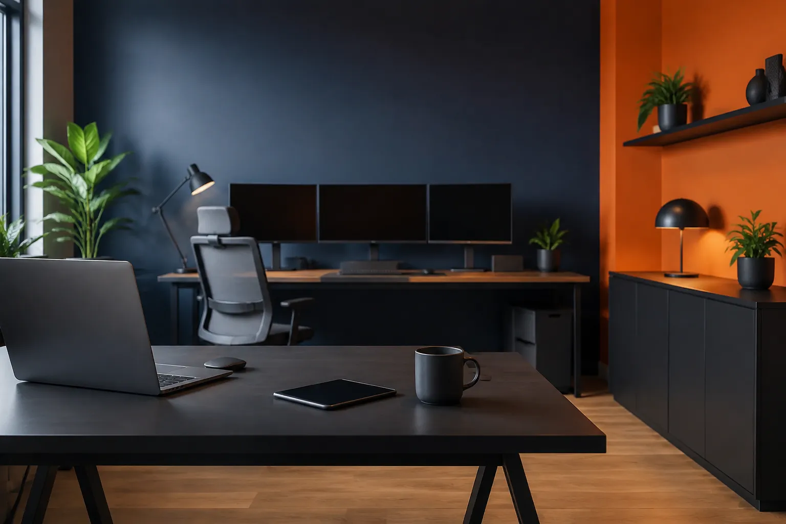 Modern, minimalist home office with dark decor and natural elements.