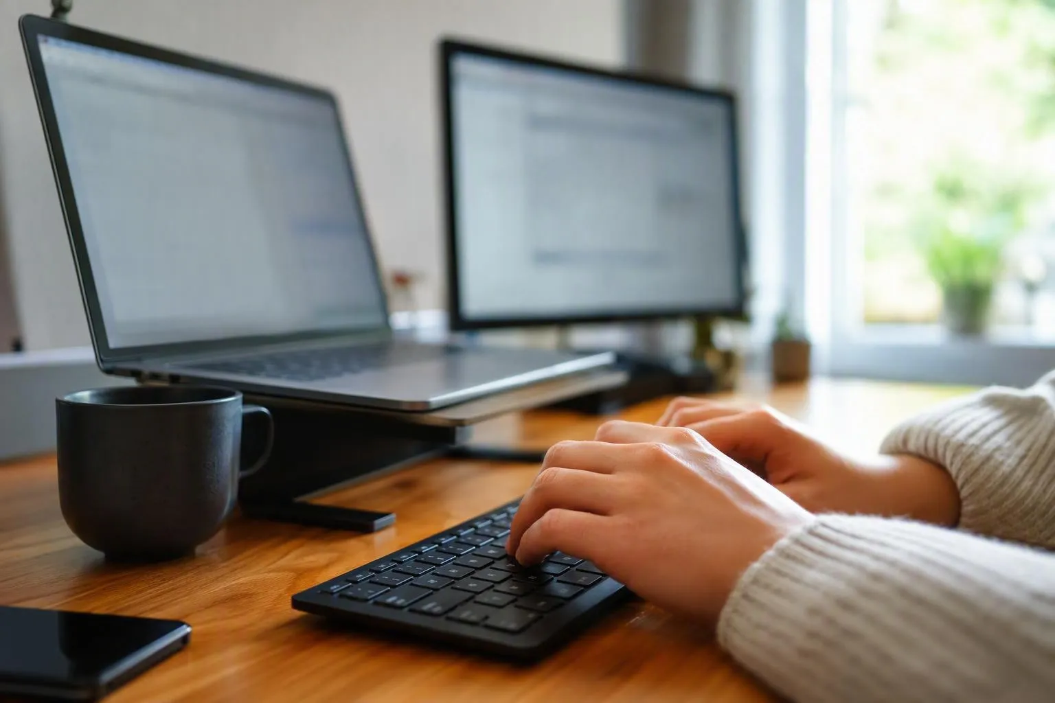 Laptop computer, keyboard, coffee mug, and hands typing on keyboard.