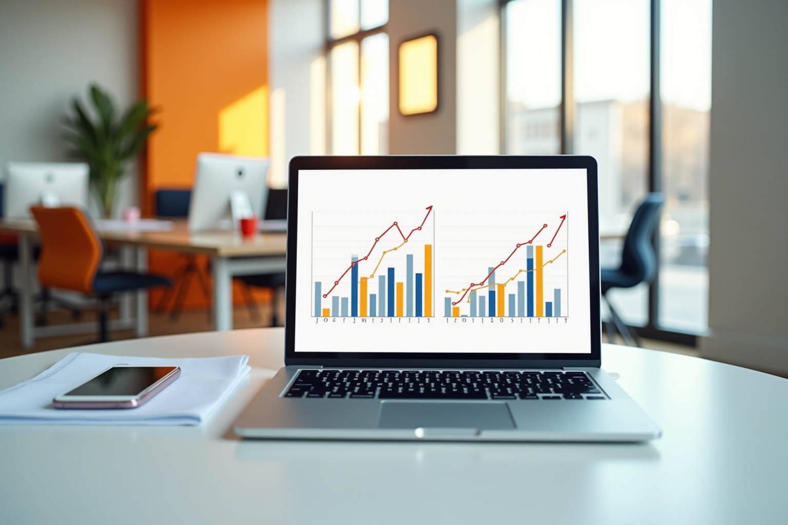 Laptop displaying financial charts and graphs in a modern office setting.