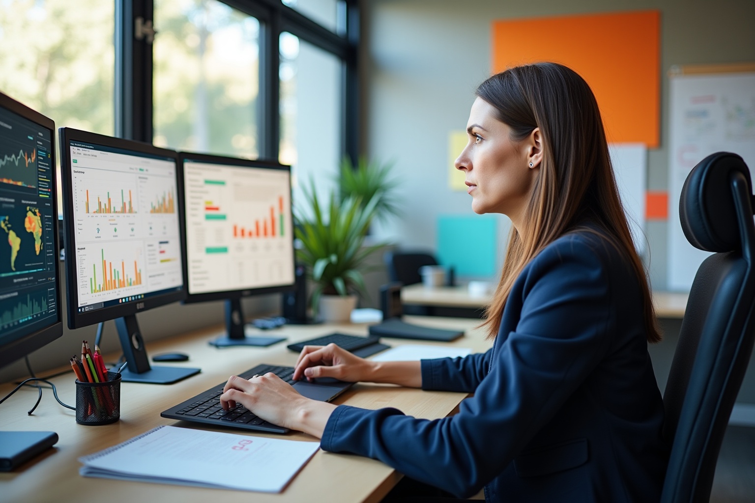 Focused woman analyzing data on multiple computer screens in office.