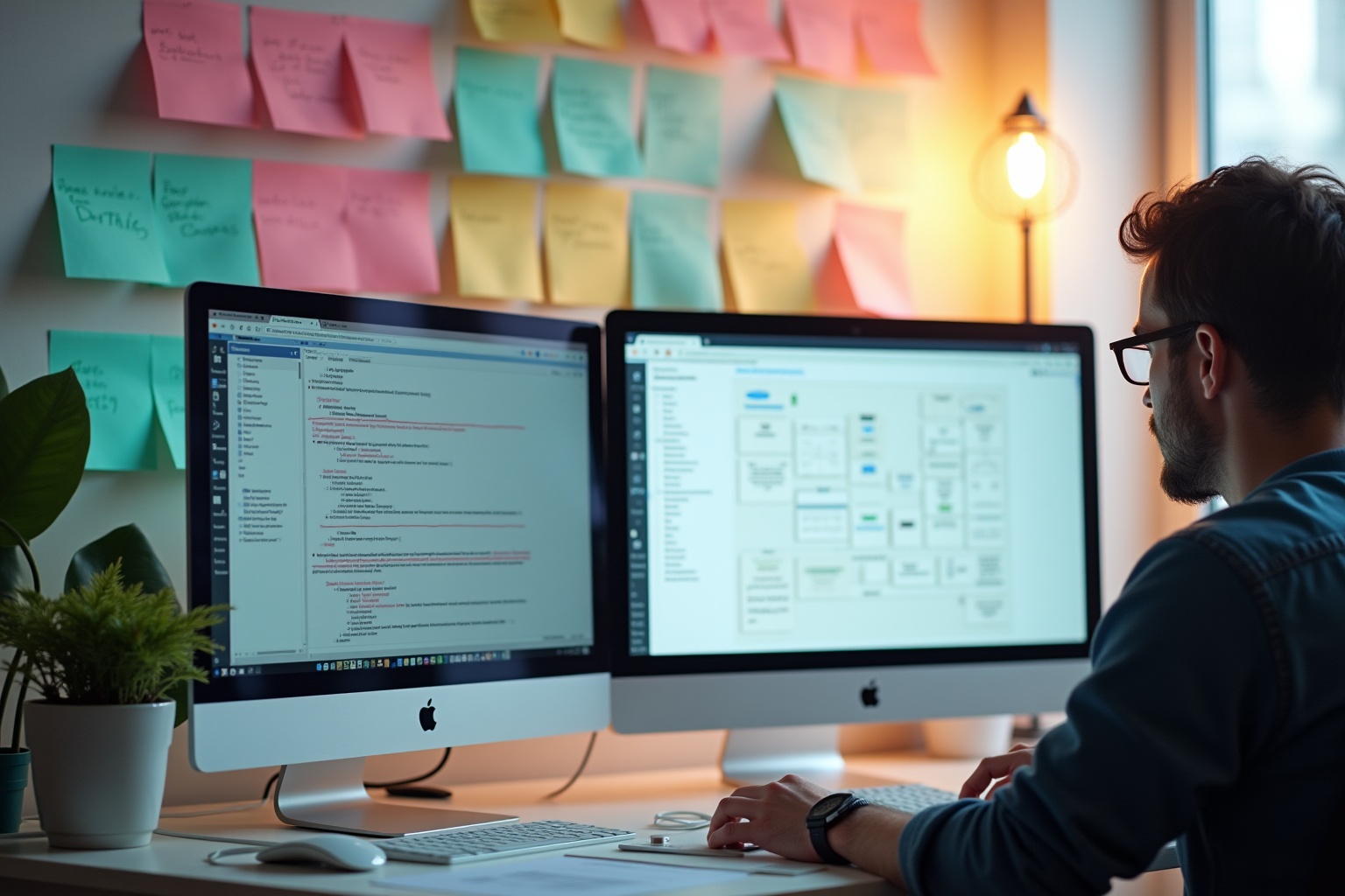Programmer working on multiple computer screens with colorful sticky notes.