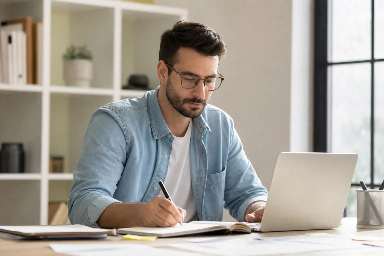 A man in glasses working intently on a laptop and papers.