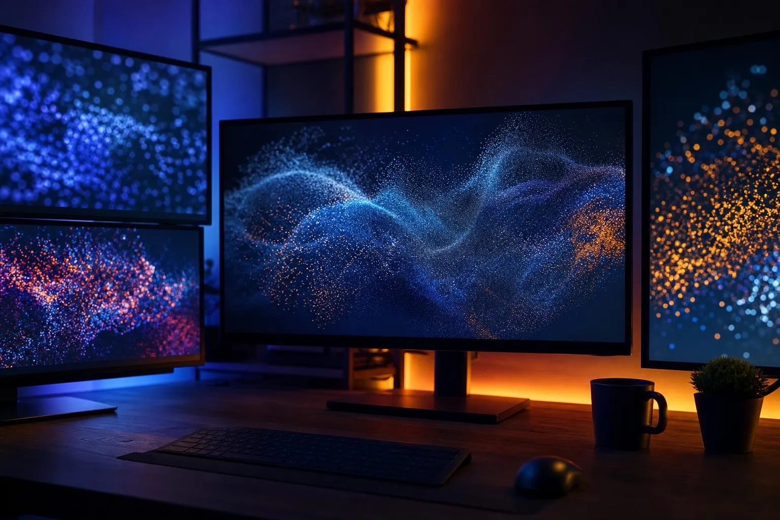Vibrant, swirling particles of light in a dark setting.