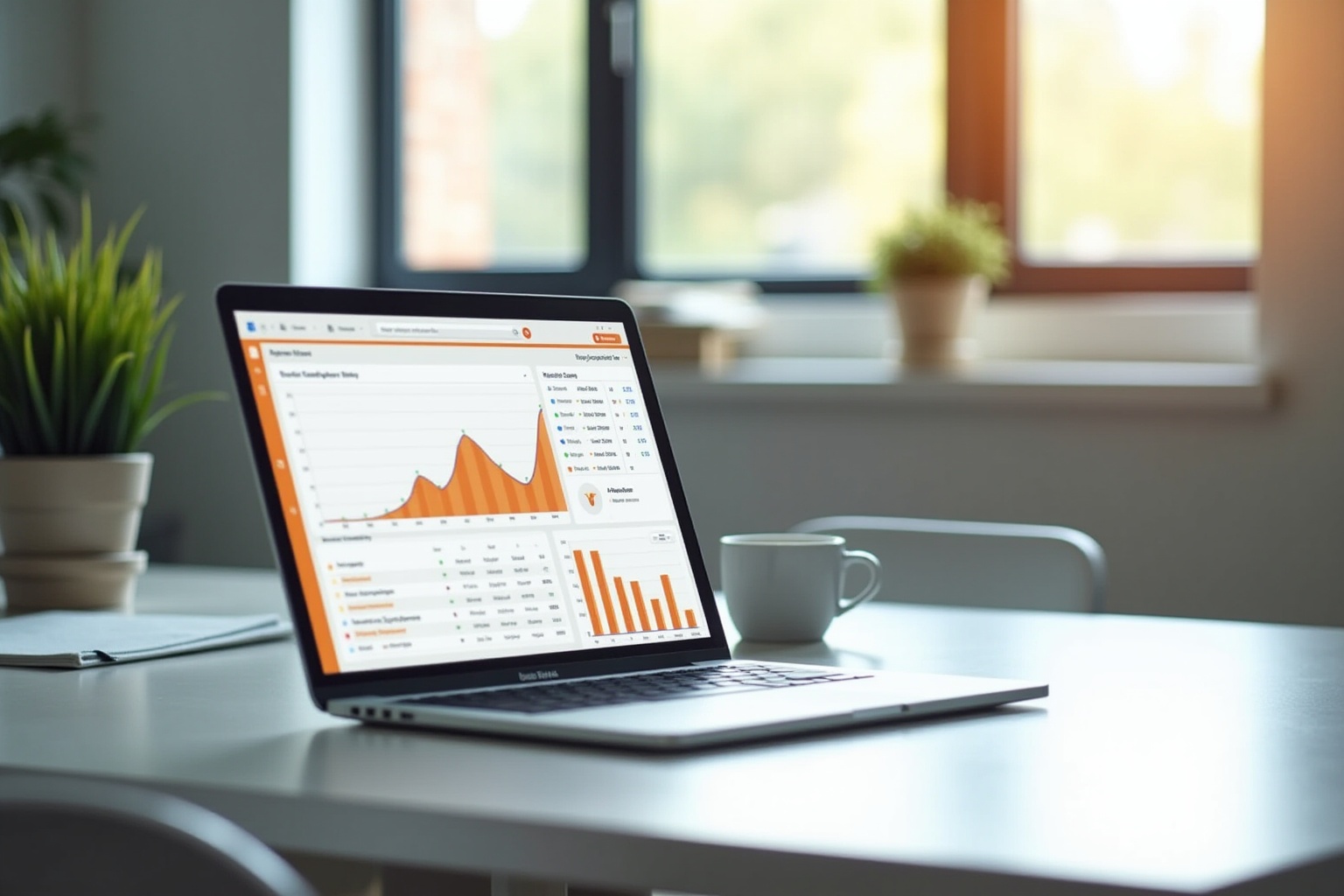 Laptop displaying data analytics dashboard on a desk with plants.
