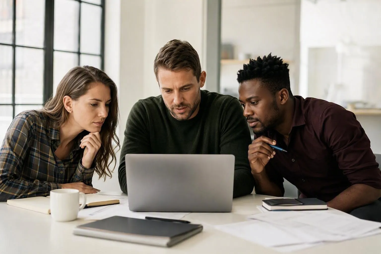 Three individuals collaborating on a laptop in an office setting.
