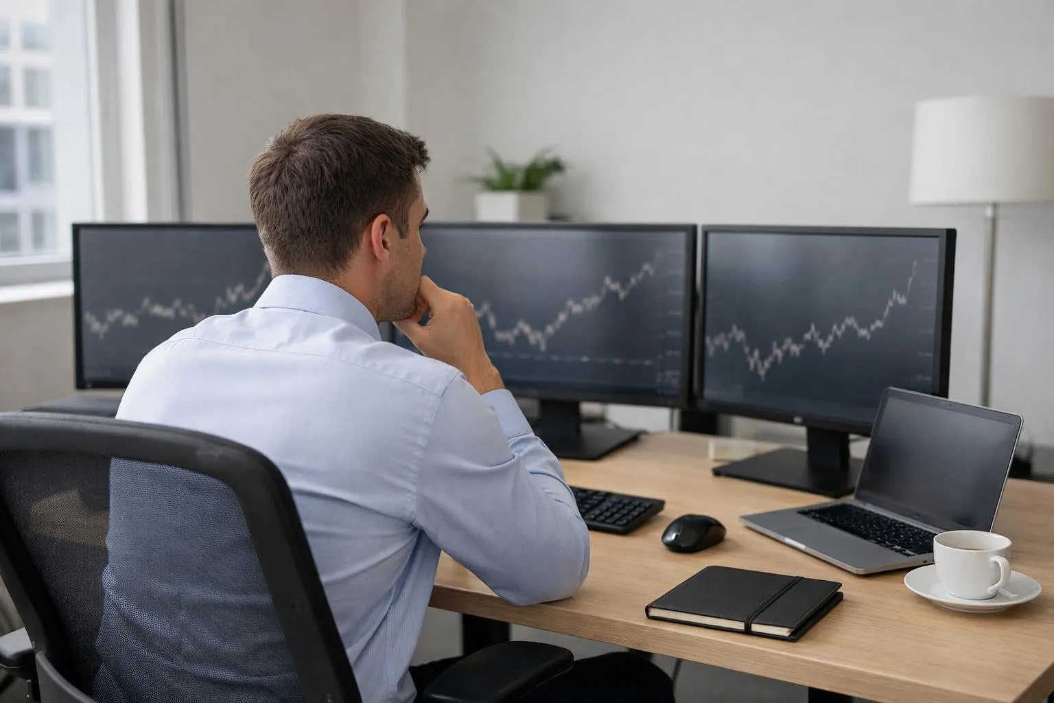 Homme d'affaires analysant des graphiques financiers sur plusieurs écrans.