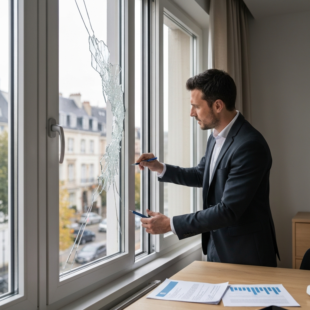 Insurance adjuster in professional attire inspecting large broken window glass with visible cracks in modern Lille apartment interior, clipboard and insurance papers visible on nearby table, natural daylight streaming through damaged window, residential setting with Northern France architecture visible outside
