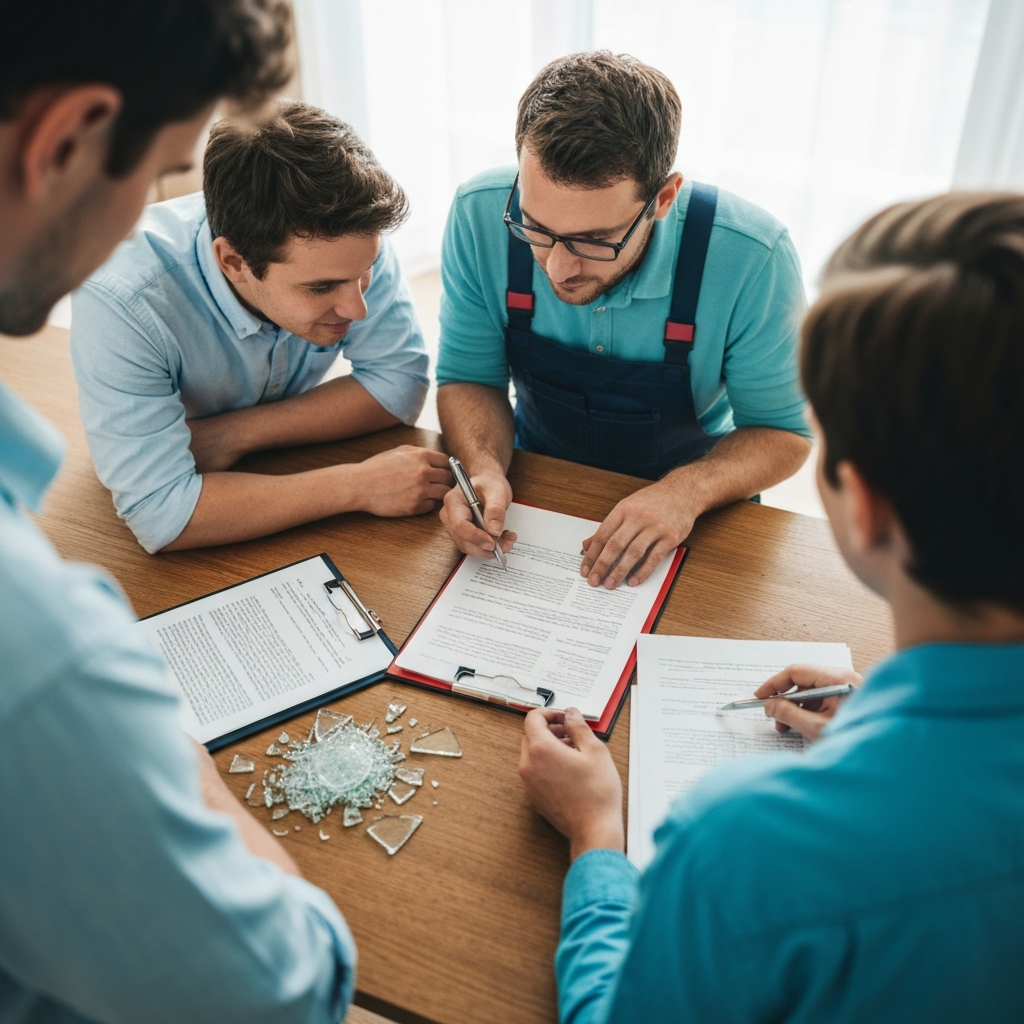 Professional glazier in work uniform consulting insurance documents with homeowner in modern Lille apartment, examining broken window damage, paperwork visible on table, natural indoor lighting, realistic photo style, emergency repair context