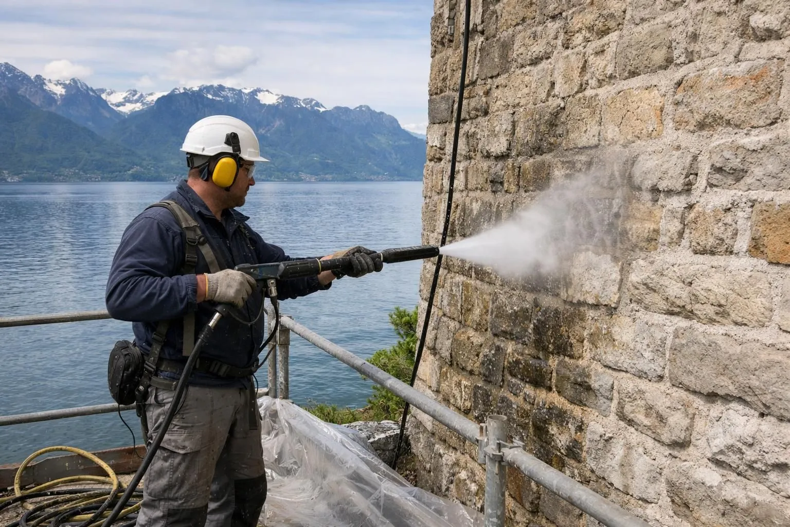 Professional worker using high-pressure cleaning equipment on building facade near Lake Geneva, alpine mountains in background, realistic modern renovation scene showing water treatment on aged stone walls