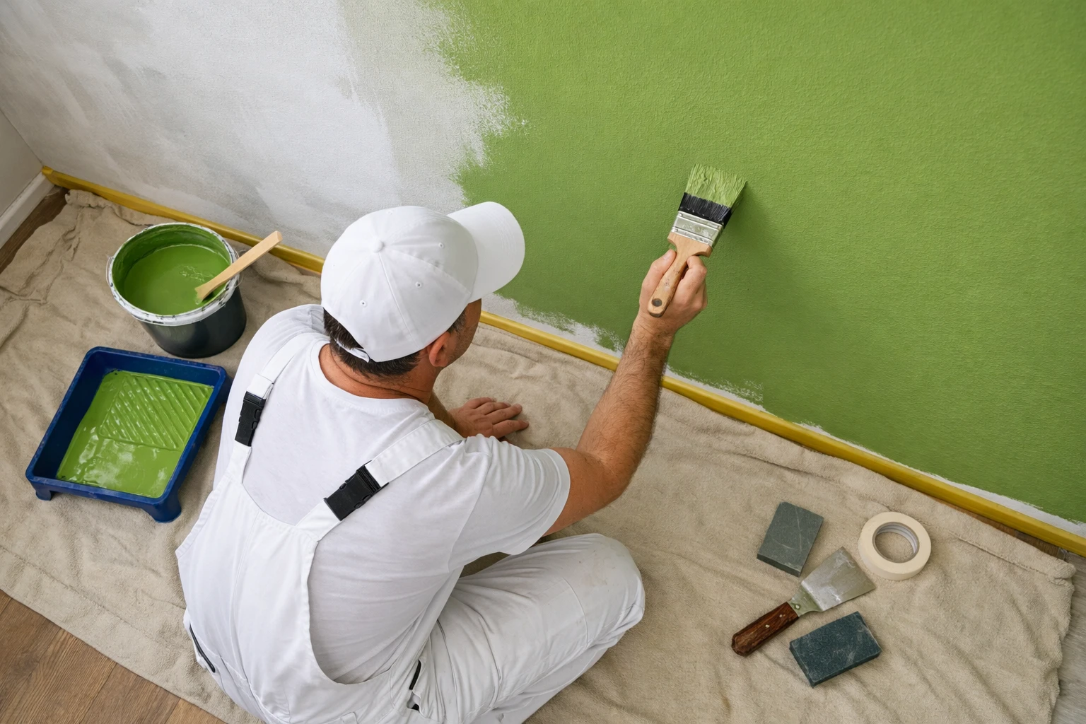 Professional painter applying eco-friendly water-based paint on interior wall with premium brush, showing proper surface preparation technique and smooth application, natural lighting, modern renovation setting