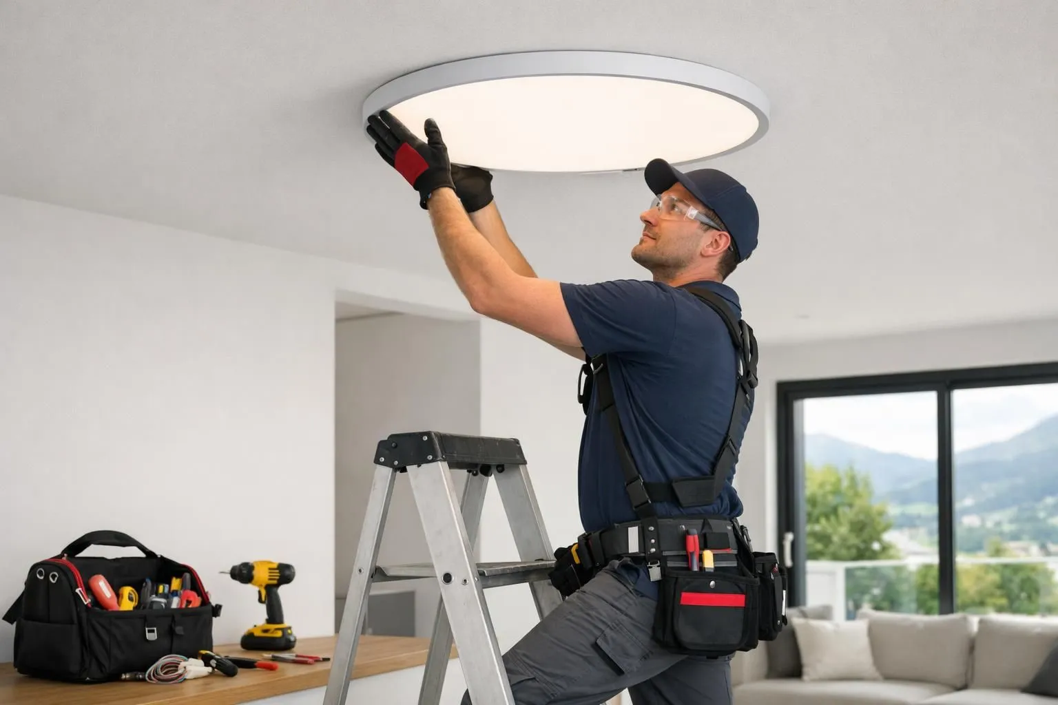 Professional electrician installing modern LED ceiling light fixture on white ceiling in contemporary Swiss home interior with ladder and electrical tools visible, safety equipment worn, natural daylight through window