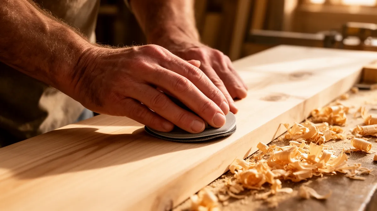 Mains d'un artisan travaillant le bois avec une ponceuse électrique.