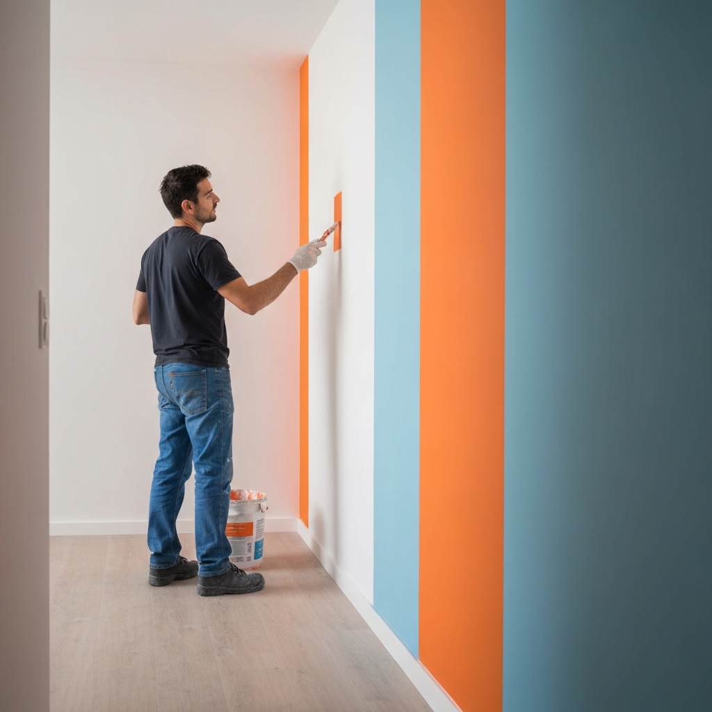 Professional painter in work clothes applying paint to interior wall with roller, showing proper technique and protective floor covering in bright residential room