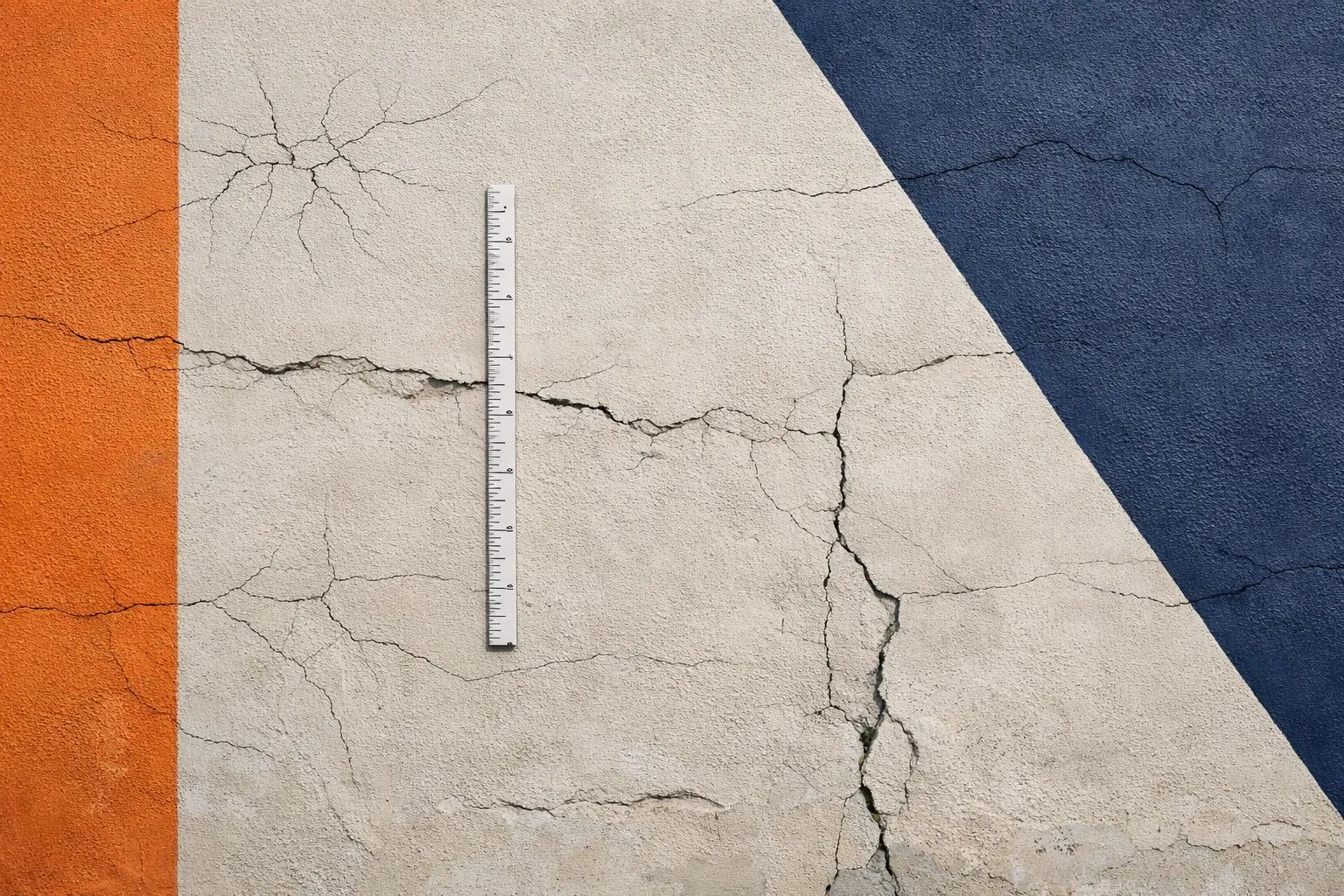 Règle de mesure sur fond de surface craquelée et colorée.