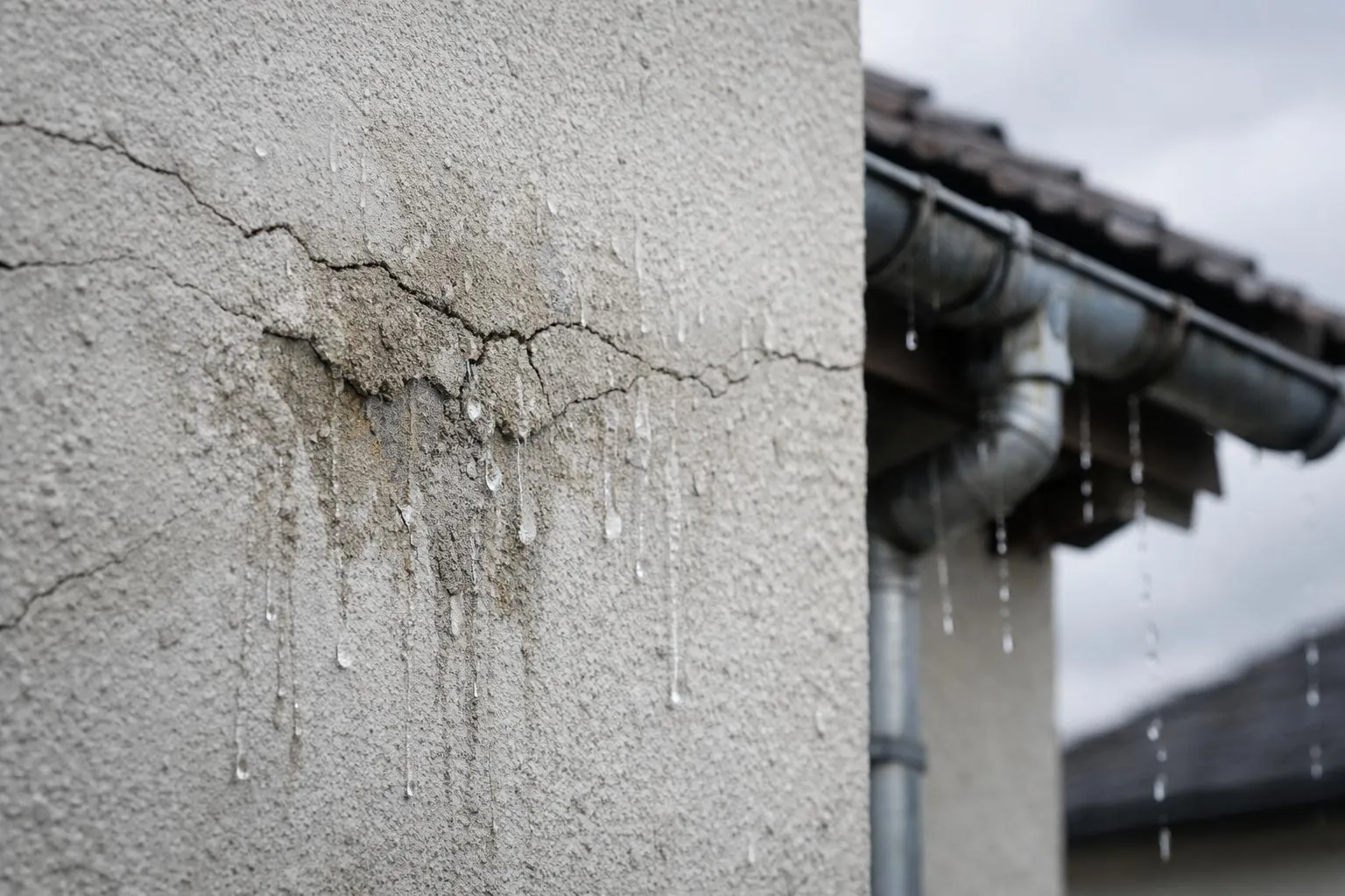 Mur de béton fissuré avec gouttes d'eau.
