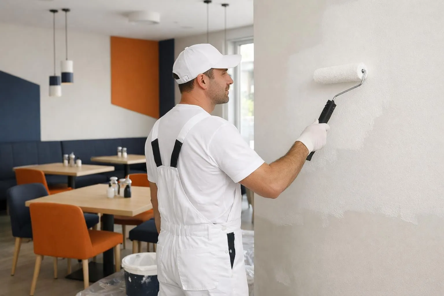 Peintre professionnel appliquant de la peinture blanche fraîche sur le mur de la salle à manger d'un restaurant, tables et chaises modernes visibles en arrière-plan, lumière naturelle à travers les fenêtres, cadre de rénovation commercial propre dans un restaurant suisse.