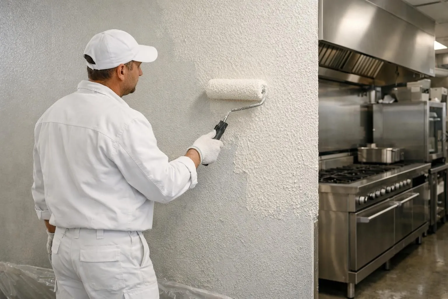 Un peintre professionnel en tenue de travail blanche applique un revêtement résistant à la chaleur sur les murs d'une cuisine industrielle dans un restaurant, avec de l'équipement en acier inoxydable visible en arrière-plan, un éclairage réaliste montrant la texture de l'application