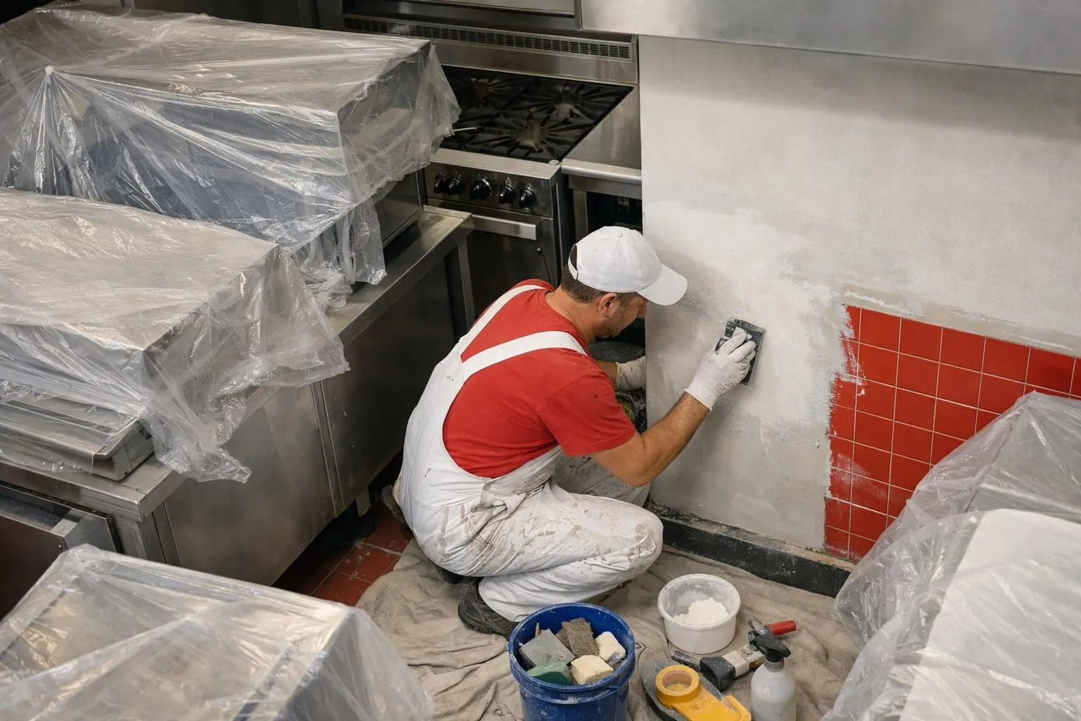 Un peintre professionnel prépare les murs de la cuisine d'un restaurant la nuit, vêtu de vêtements de travail, avec des feuilles de protection recouvrant l'équipement de cuisson commercial, concentré sur le traitement de surface avant la peinture, dans une atmosphère d'atelier ré
