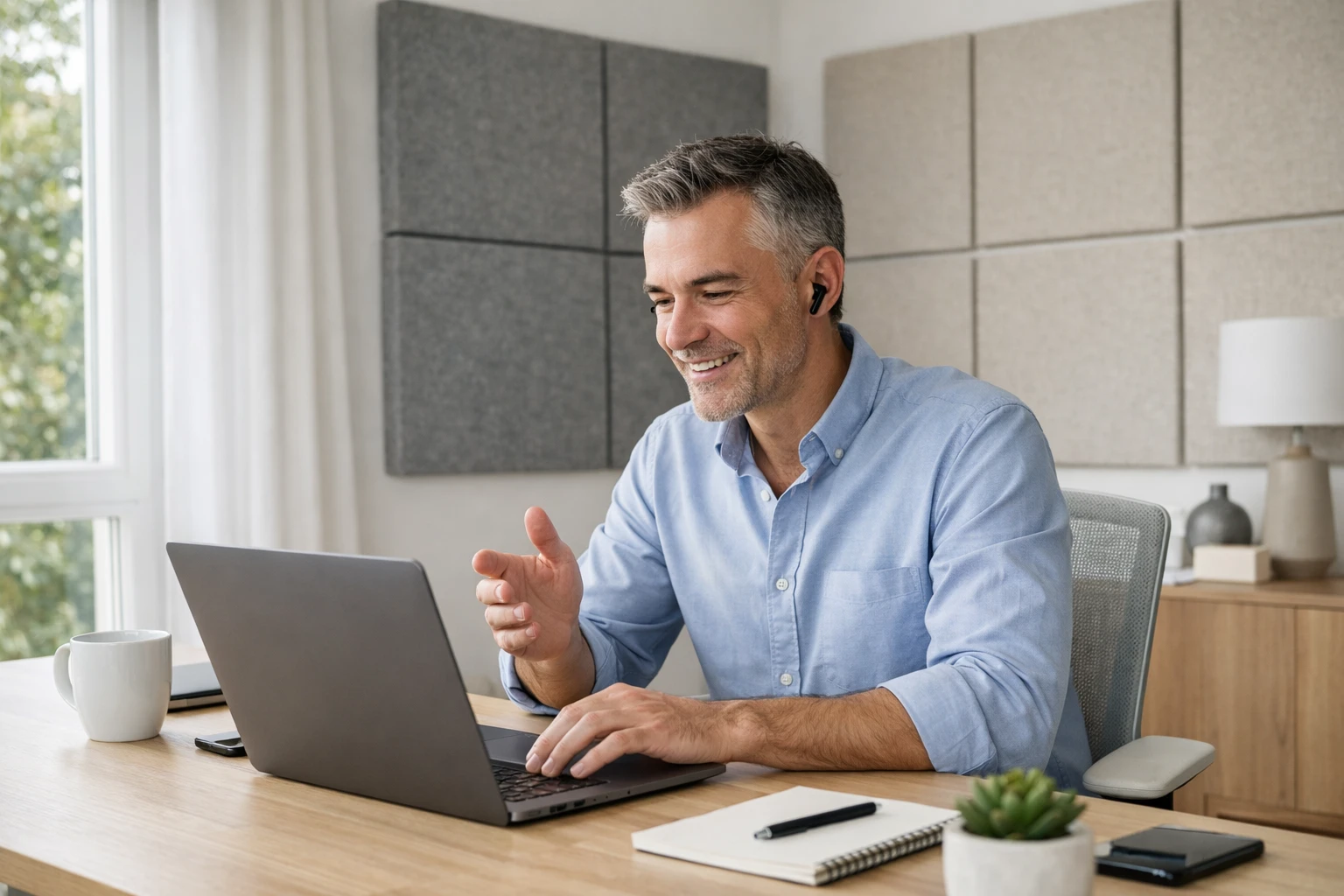 Modern home office setup with visible acoustic panels on walls, professional working on laptop during video call, residential interior with soundproofing materials, natural lighting, contemporary Swiss apartment