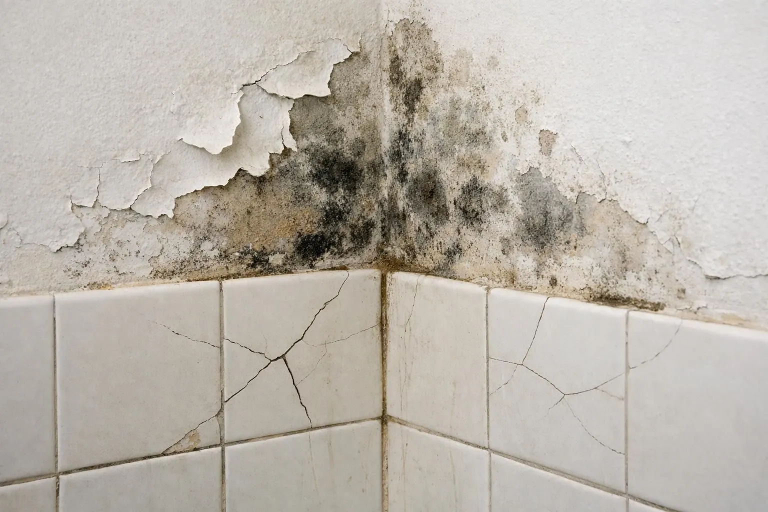 Close-up of a damaged bathroom wall corner showing dark mold stains spreading from ceiling, peeling paint revealing deteriorated plaster underneath, water droplets on cracked tiles, realistic documentation style showing humidity damage severity