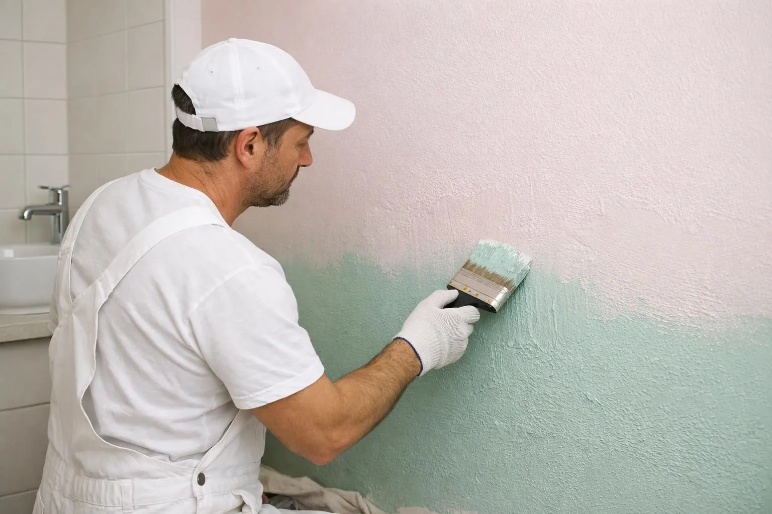 Professional painter applying moisture-resistant paint on bathroom wall with brush, showing smooth matte finish and visible paint texture, realistic renovation scene with tiles and sink in background