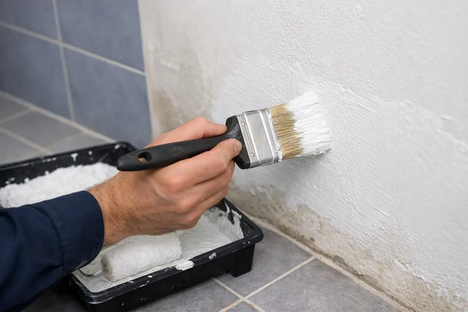 Professional tradesman in work clothes applying white anti-humidity paint with a roller on a bathroom wall, showing proper technique with paint tray visible, residential renovation context with tiled floor