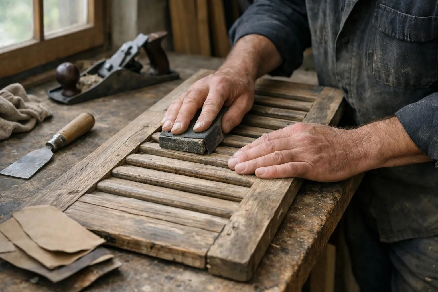 Artisan in traditional workshop carefully sanding vintage wooden shutters, close-up on weathered wood grain and skilled hands using hand tools, natural lighting through workshop window, authentic craftsmanship atmosphere