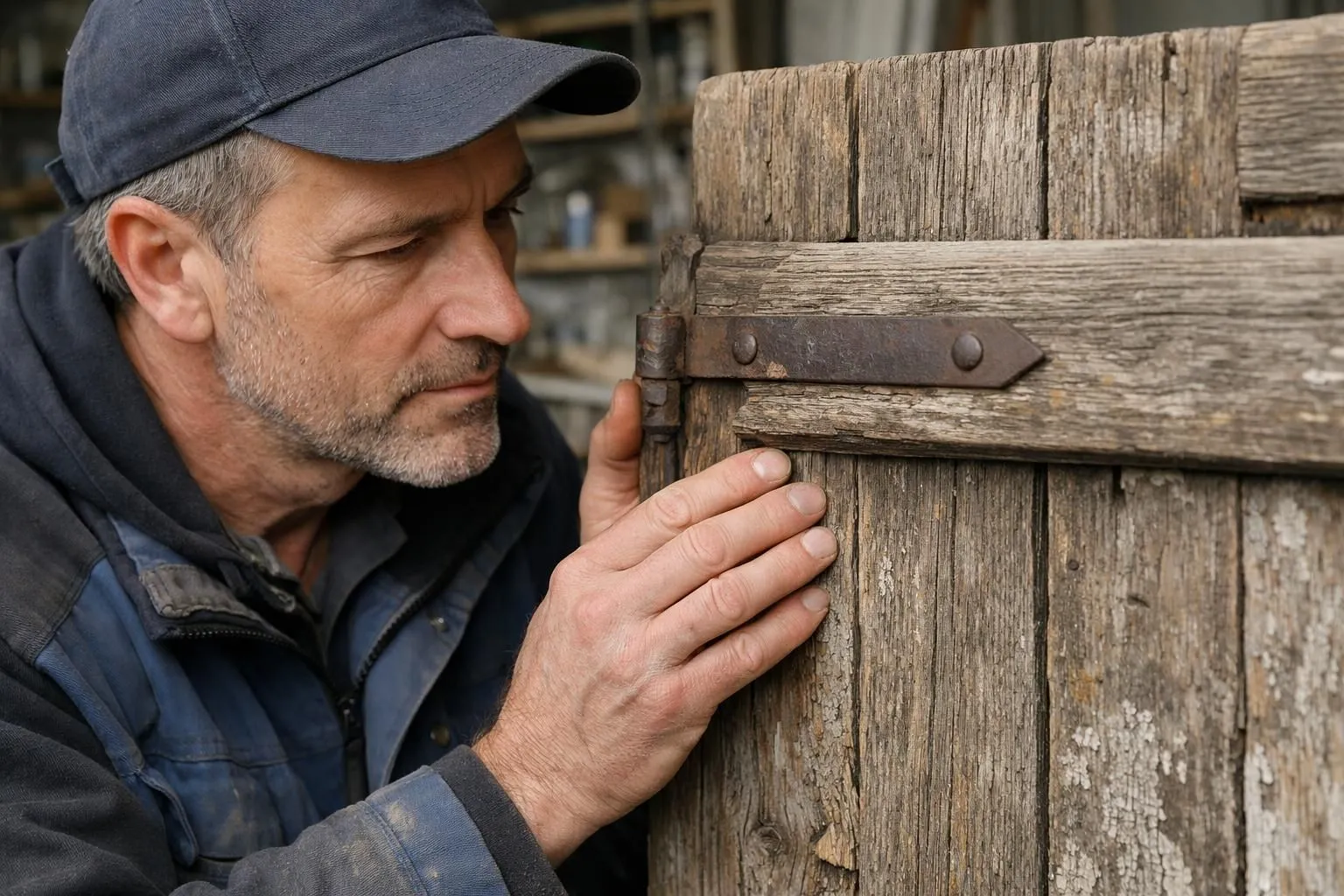 Artisan inspecting weathered wooden shutters on traditional Swiss house, examining wood grain and hinges closely, natural daylight, professional renovation setting, authentic craftsmanship scene