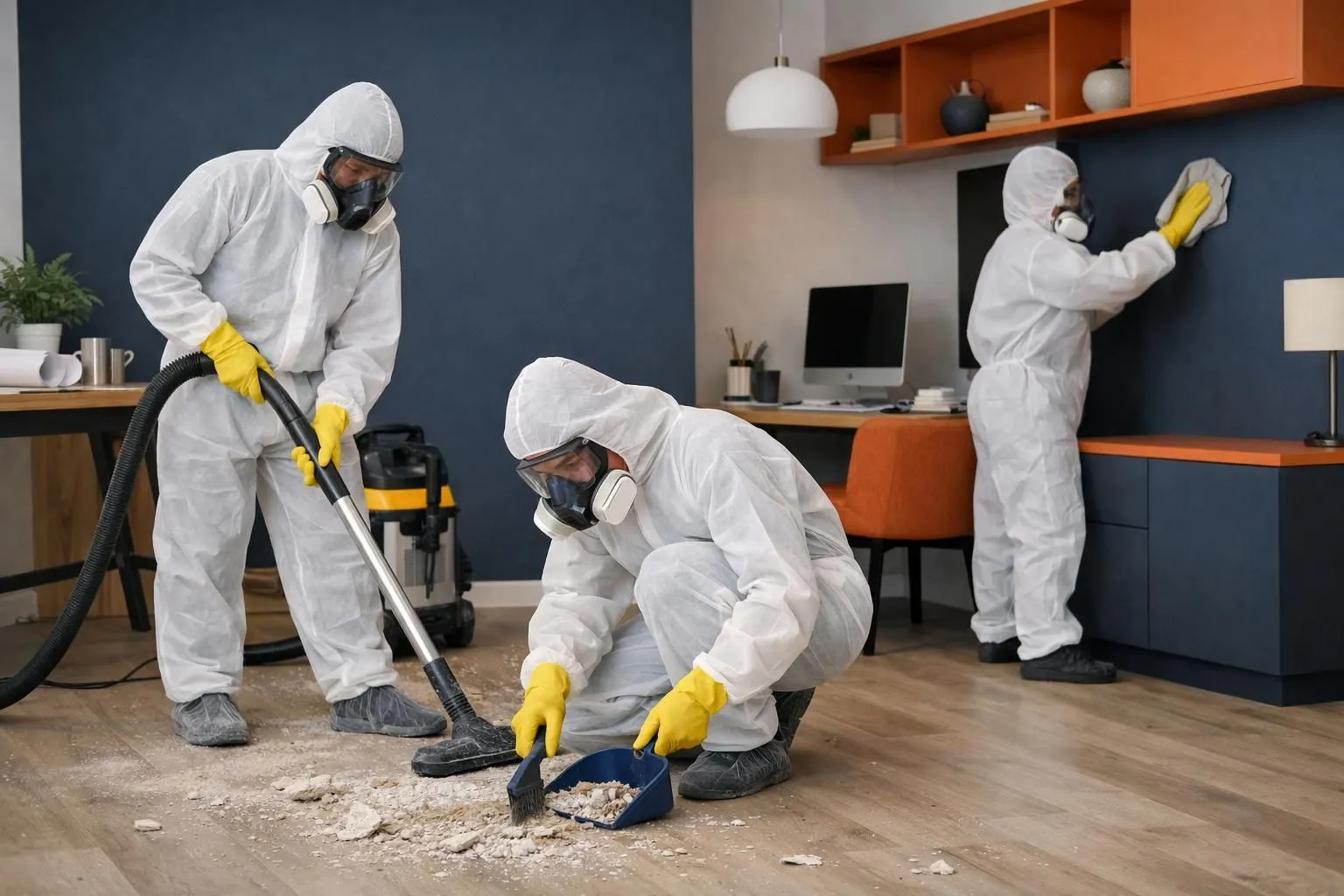 Une équipe de nettoyage professionnelle en équipement de protection retire la poussière et les débris de construction d'un appartement moderne fraîchement rénové à Vaud, avec une échelle et des outils de nettoyage industriels.