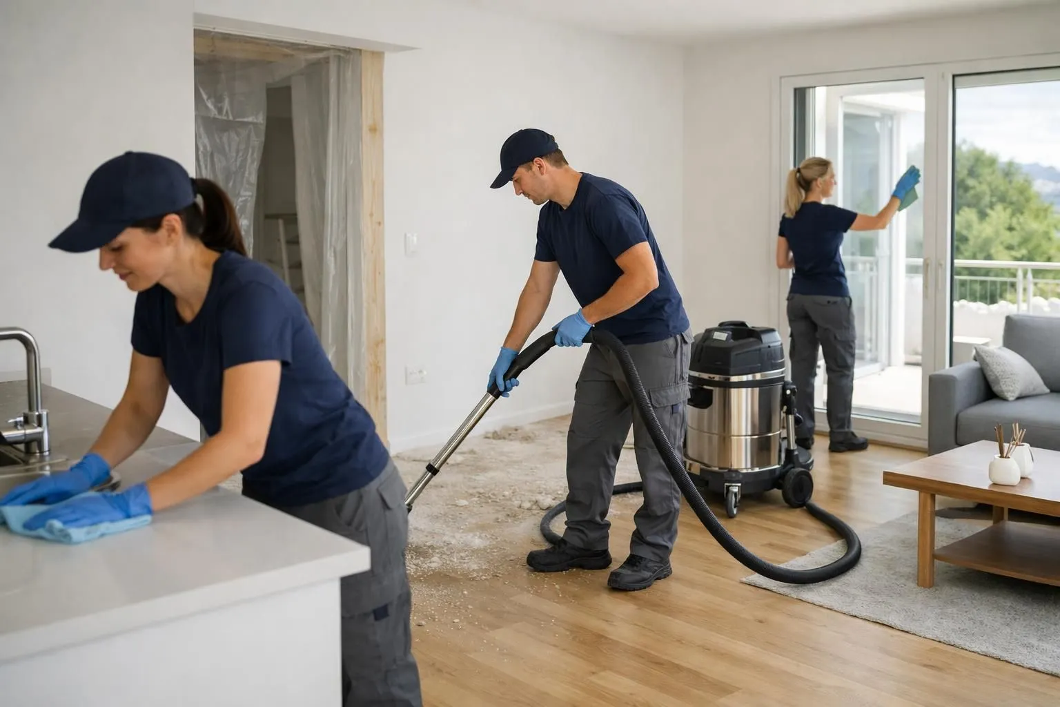 Une équipe de nettoyage professionnelle en action dans un espace résidentiel récemment rénové dans le canton de Vaud, utilisant des aspirateurs industriels et des chiffons en microfibre pour éliminer la poussière de construction des sols et des surfaces, la lumière du jour naturelle traversant les fenêtres
