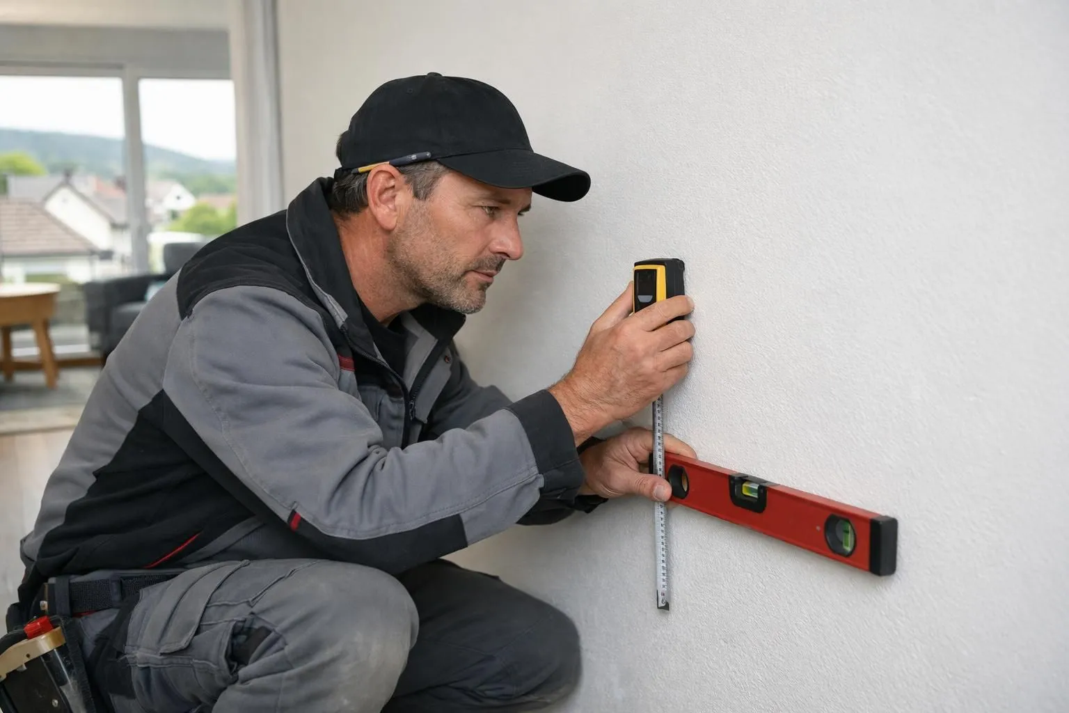 Professional craftsman in work clothes carefully inspecting an interior wall with measuring tools before starting renovation work in a modern Swiss home, natural lighting, realistic scene showing attention to detail and expertise