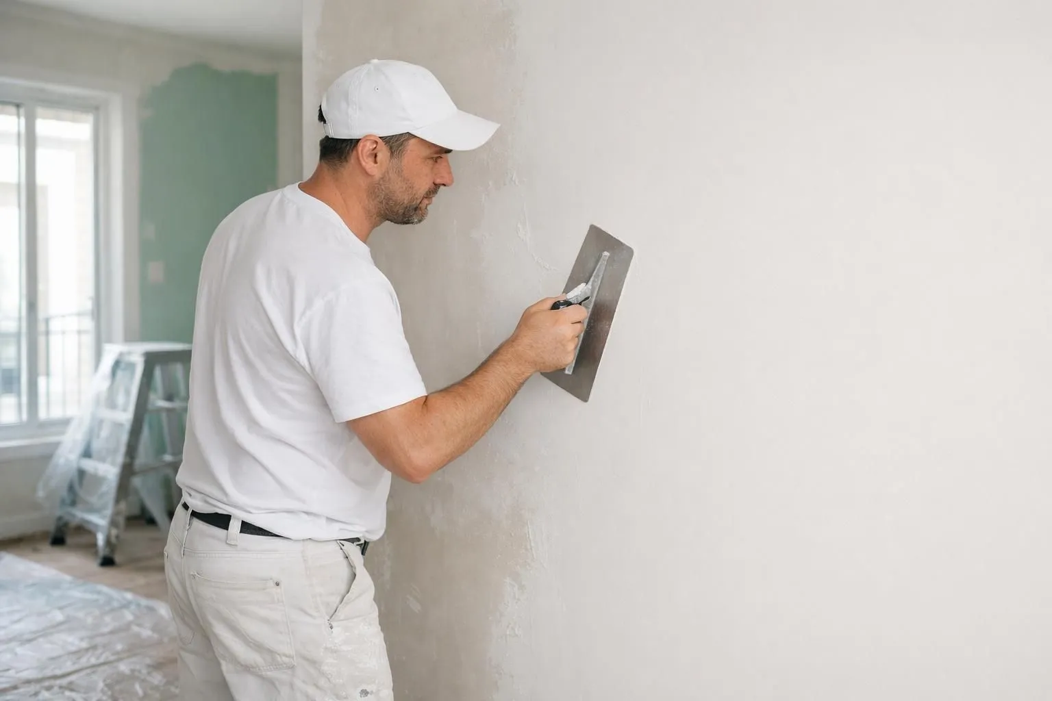 Professional plasterer applying smooth finish coat to interior wall with trowel in bright residential room under renovation