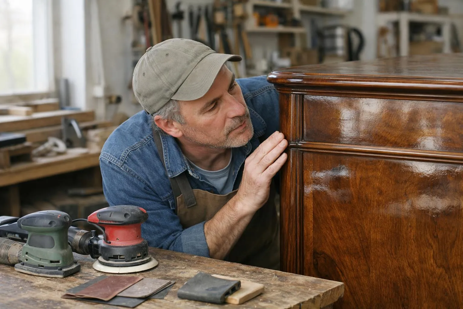 Homme réparant un meuble ancien dans un atelier.