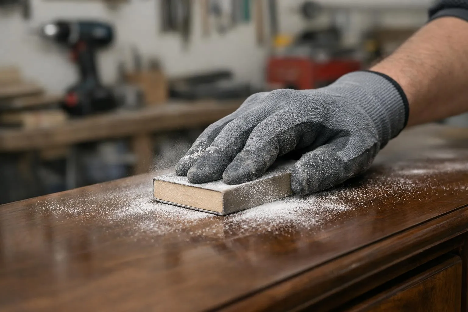 Main gantée poncant une surface en bois dans un atelier.